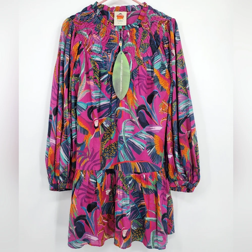 Anthropologie Farm Rio Rainbow Macaws Mini Dress Puff Sleeve Ruffle NEW - Picture 2 of 8